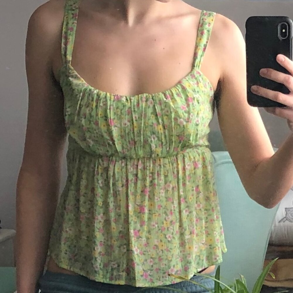 Milk Shop Lime Green Floral Spaghetti Strap Babydoll Summer Top Small